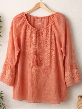 Karyn Seo Handmade Linen Coral Embroidered Peasant Top Size Large NWT